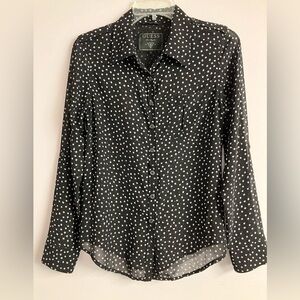 Guess Women’s SheerButton Front Long Sleeve Blouse, Small, Black/White